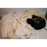 A BOX OF MAINLY VICTORIAN LINEN to include underwear, baby gowns etc. along with two black shawls