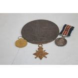 TRIO OF FIRST WORLD WAR MEDALS PLUS BRONZE DEATH PLAQUE, in original cardboard envelope to include