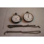 TWO SILVER OPEN FACED POCKET WATCHES, with chains (2)