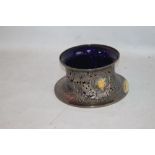 A BRITANNIA SILVER DISH RING, hallmarked London 1905, with blue glass liner, top diameter 18.5 cm,