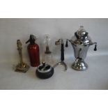 A BOX OF VINTAGE / RETRO COLLECTABLES, to include a brass candlestick, table lamp, an Art Deco