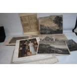 THIRTEEN MISCELLANEOUS PRINTS AND ENGRAVINGS A/F to include 18th and 19th century, J. Moyreau,