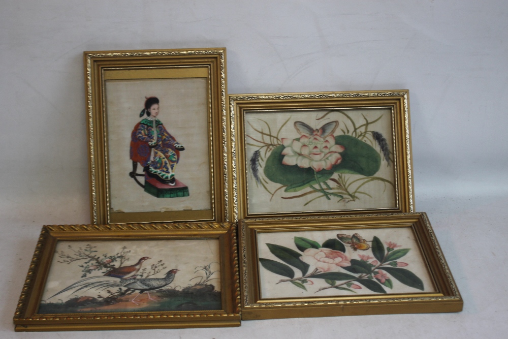 FOUR CHINESE RICE PAPER PAINTINGS to include a seated figure, a pair of pheasants, flowers etc. (4)