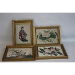 FOUR CHINESE RICE PAPER PAINTINGS to include a seated figure, a pair of pheasants, flowers etc. (4)