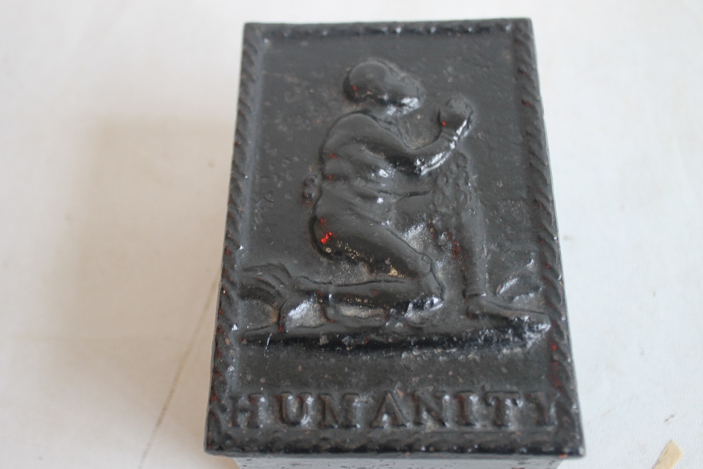 A 19TH CENTURY ANTI-SLAVERY CAST IRON TOBACCO BOX, the lift off lid depicting a chained kneeling - Image 2 of 5