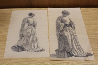 TWO UNSIGNED PRE-RAPHAELITE STYLE GRAPHITE DRAWINGS OF MEDIEVAL LADIES, BOTH UNFRAMED