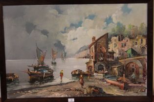 A FRAMED OIL ON CANVAS OF AN ITALIAN STYLE COASTAL VILLAGE SCENE