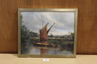 SAILING BOAT ON NORFOLK BROADS, OIL ON CANVAS LAID ON BOARD, UNSIGNED