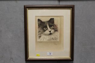 A SIGNED LIMITED EDITION PORTRAIT PRINT OF A BLACK AND WHITE CAT