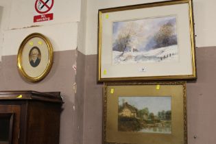 WATERCOLOUR OF A WINTER SCENE TOGETHER WITH A WATER COLOUR OF A COUNTRY COTTAGE AND A PORTRAIT PRINT