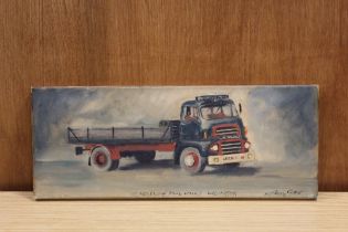 INDISTINCTLY SIGNED OIL ON CANVAS OF A LORRY AT STEELWORKS