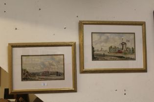 A FRAMED AND GLAZED WATERCOLOUR DEPICTING A WINDMILL NEAR ROTTERDAM BY HAYDOCK GIBSON TOGETHER