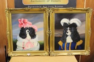 A PAIR OF GILT FRAMED OIL PAINTINGS OF DOGS DRESSED IN 18TH CENTURY COSTUME (2)