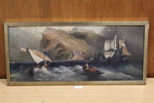 UNSIGNED FRAMED OIL ON CANVAS LAID ON CARD 'SAILING BOATS OFF ROCKY COAST'