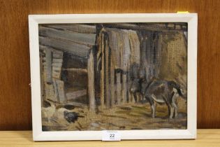 GOATS AND CHICKENS BEFORE AN OUTHOUSE, FRAMED OIL ON CANVAS LAID ON BOARD, DETAILS VERSO