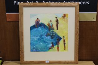 CELIA SCULLY - OIL ON PAPER 'AROUND THE SWIMMING POOL' SIGNED LOWER LEFT