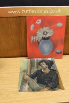 TWO UNFRAMED OIL PAINTINGS - VASE OF FLOWERS AND A SEATED GENTLEMAN HAVING STUDIO STAMP FOR