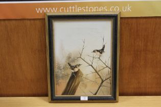 AN OIL PAINTING OF TWO WRENS