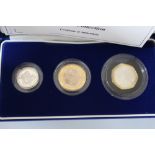 A ROYAL MINT 2004 SILVER PROOF PIEDFORT THREE COIN COLLECTION, comprising £2, £1 and 50 pence,