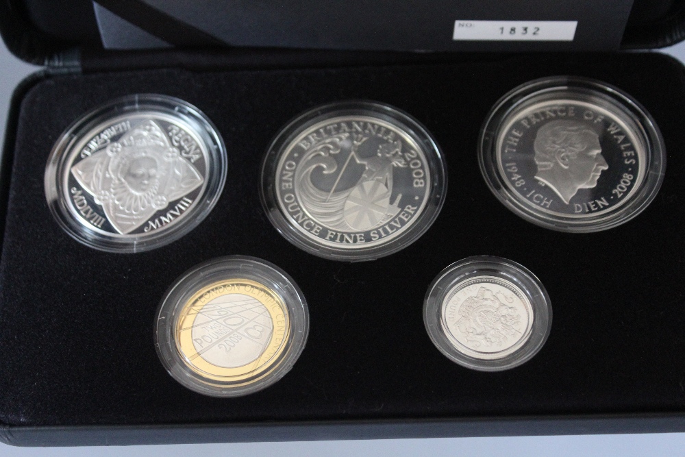 A ROYAL MINT 2008 'FAMILY SILVER' COLLECTION FIVE COIN SET, comprising silver proof £5 (3), £2