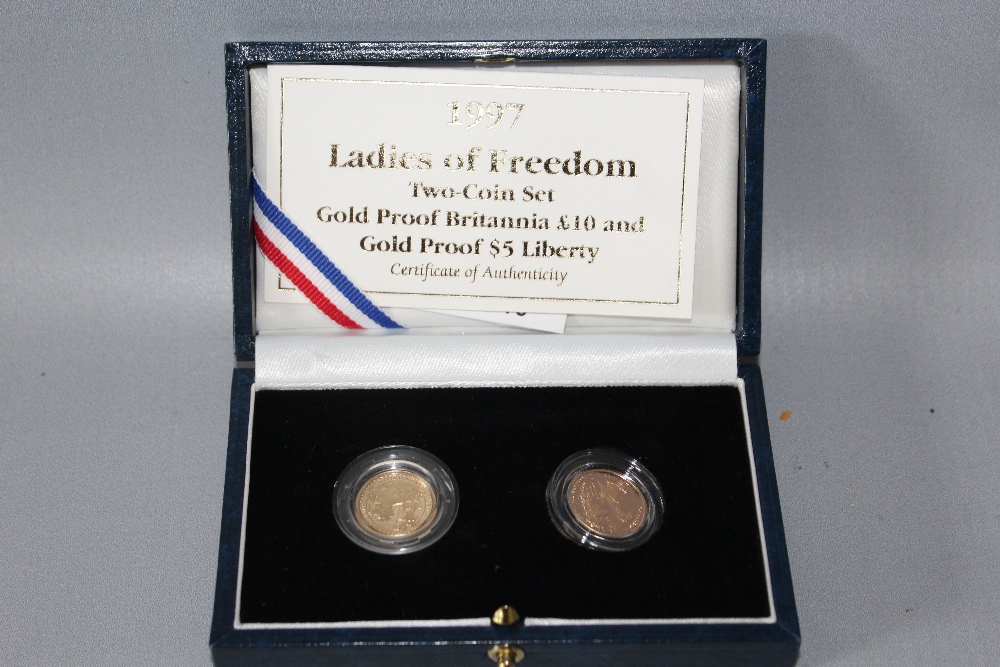 A ROYAL MINT 1997 'LADIES OF FREEDOM' GOLD PROOF BRITANNIA £10 AND $5 LIBERTY TWO COIN SET, with - Image 3 of 3