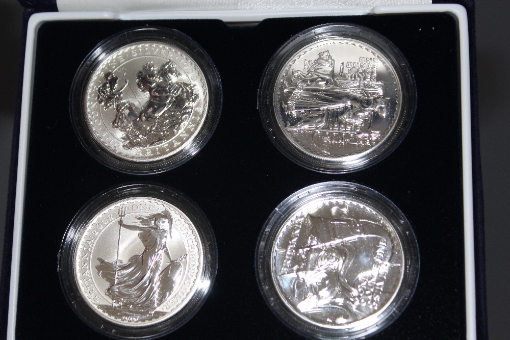 A ROYAL MINT BRITANNIA DESIGN ONE OUNCE SILVER BULLION FOUR COIN SET, with COA/Booklet, in