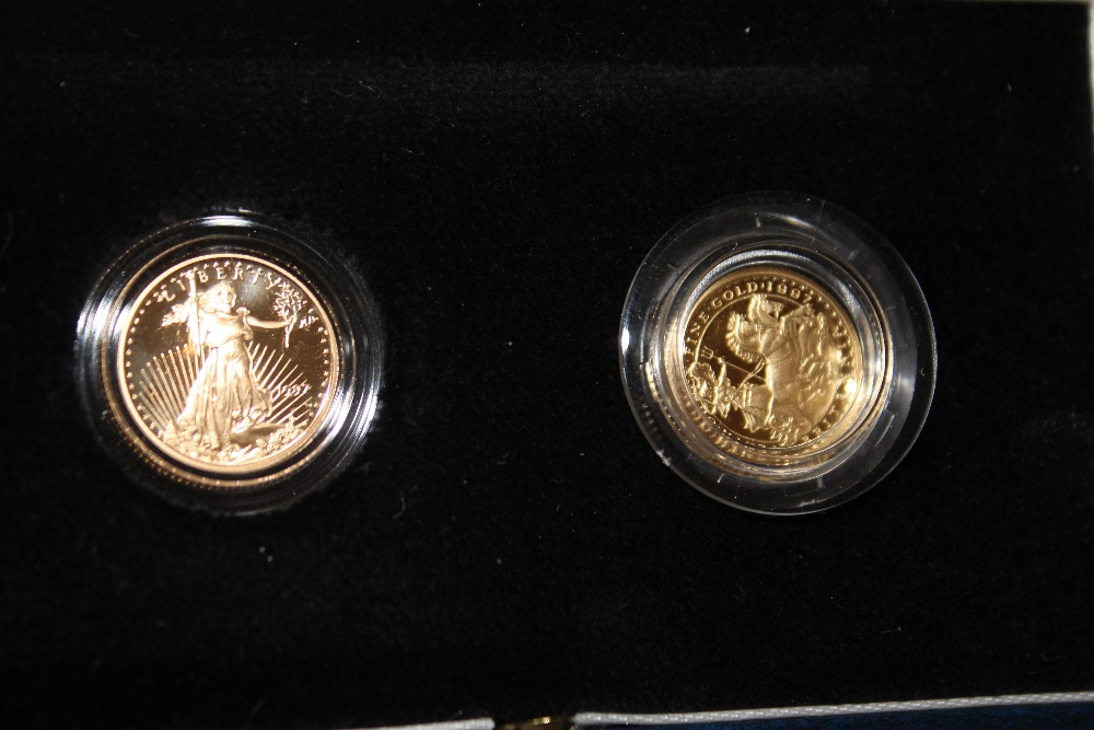 A ROYAL MINT 1997 'LADIES OF FREEDOM' GOLD PROOF BRITANNIA £10 AND $5 LIBERTY TWO COIN SET, with