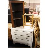 A PAINTED THREE DRAWER CHEST, A STOOL AND A CORNER UNIT (3)