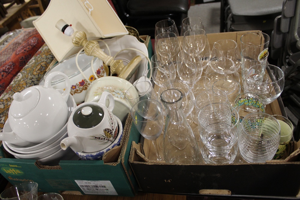 A TRAY OF ASSORTED GLASSWARE TOGETHER WITH A TRAY OF HOUSEHOLD SUNDRIES ETC (2)