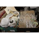 A TRAY OF ASSORTED GLASSWARE TOGETHER WITH A TRAY OF HOUSEHOLD SUNDRIES ETC (2)