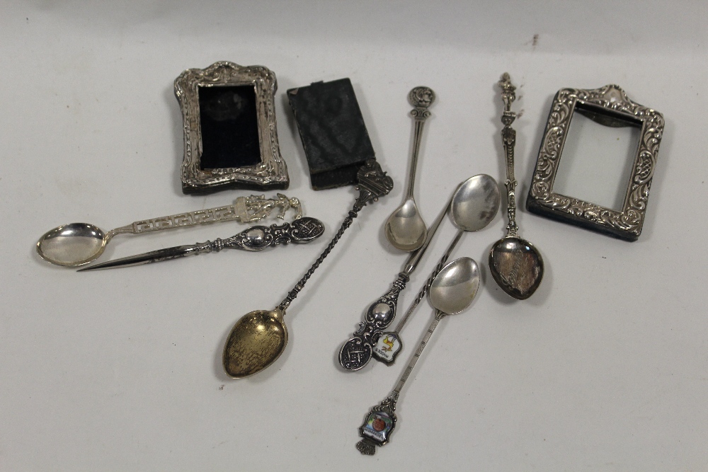 TWO MINIATURE SILVER PICTURE FRAMES, SPOONS ETC