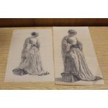 TWO UNSIGNED PRE-RAPHAELITE STYLE GRAPHITE DRAWINGS OF MEDIEVAL LADIES, BOTH UNFRAMED