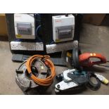 A ELECTRIC MAKITA PLANER TOGETHER WITH A HEDGE TRIMMER AND DISTRIBUTION BOARDS ETC