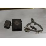 A HALLMARKED SILVER CIGARETTE CASE, SILVER VESTA CASE, BROOCH AND AN ALBERT CHAIN