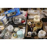 THREE TRAYS OF CERAMICS, GLASSWARE AND KITCHENWARE TO INC A LE CRUESET TWIN HANDED LIDDED
