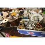 TWO TRAYS OF METALWARE TO INC A SCHOOL BELL, BRASS EAGLE ETC