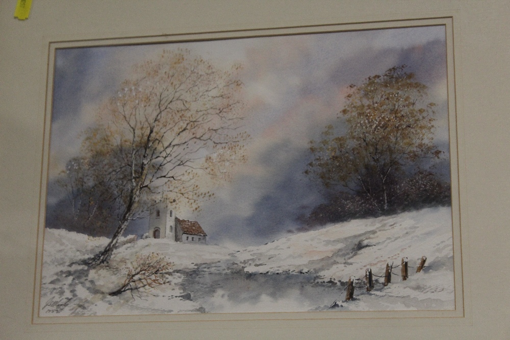 WATERCOLOUR OF A WINTER SCENE TOGETHER WITH A WATER COLOUR OF A COUNTRY COTTAGE AND A PORTRAIT PRINT - Image 2 of 5