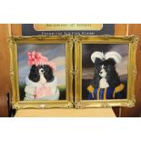 A PAIR OF GILT FRAMED OIL PAINTINGS OF DOGS DRESSED IN 18TH CENTURY COSTUME (2)