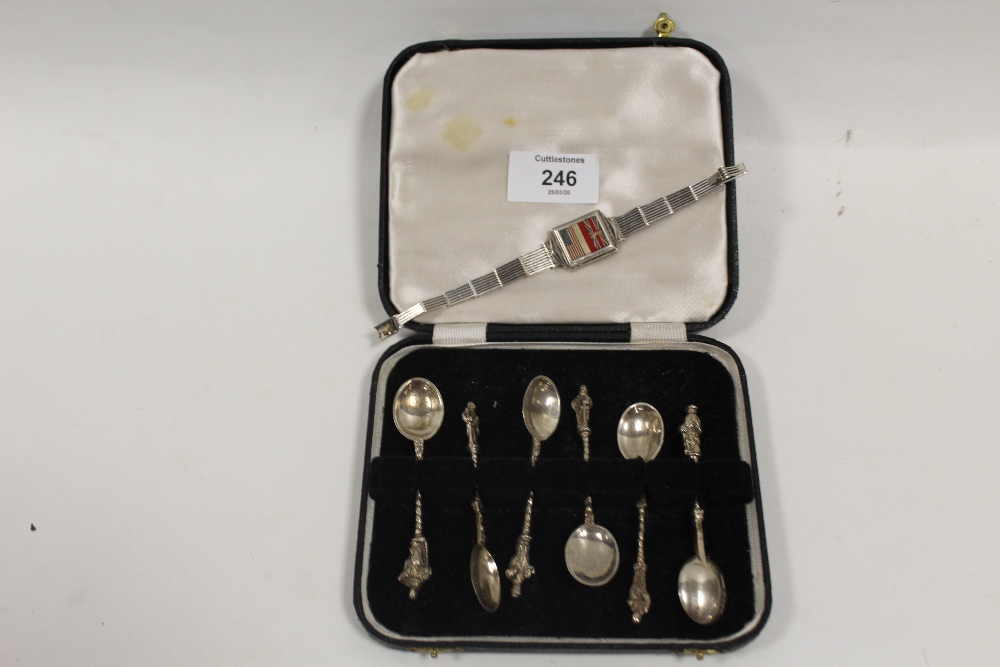 A CASED SET OF HALLMARKED SILVER SPOONS TOGETHER WITH A VINTAGE BRACELET (2)