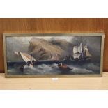 UNSIGNED FRAMED OIL ON CANVAS LAID ON CARD 'SAILING BOATS OFF ROCKY COAST'