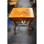 A VICTORIAN WALNUT WORK TABLE, the single frieze drawer with a part fitted interior, slide out