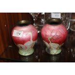 A PAIR OF CLOISONNE VASES WITH BIRD DECORATION - BOTH A/F