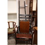 A MODERN BLACK WOODEN ROCKING CHAIR, OCCASIONAL TABLE, ORIENTAL STYLE TOWEL RAIL AND A STOOL (4)