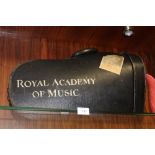 A VINTAGE HARD CASE FOR A FRENCH HORN STENCILLED 'THE ROYAL ACADEMY OF MUSIC'