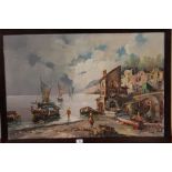 A FRAMED OIL ON CANVAS OF AN ITALIAN STYLE COASTAL VILLAGE SCENE