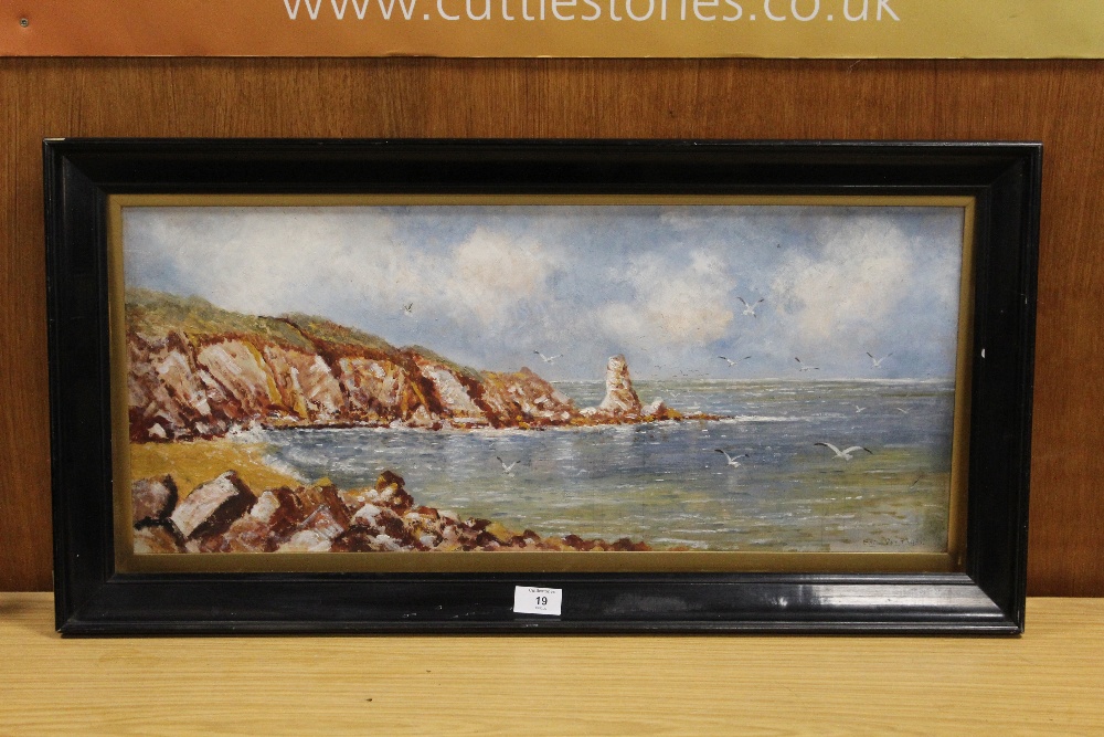 A FRAMED OIL ON BOARD COASTAL SCENE SIGNED FRED PITT LOWER RIGHT