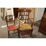 AN ANTIQUE MAHOGANY COMMODE ARMCHAIR AND A BEDROOM CHAIR (2)