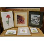 A SELECTION OF FRAMED AND GLAZED WATERCOLOURS, MAINLY FLORAL THEMED (6)