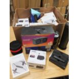 A BOX OF WIRELESS SPEAKERS, EARPHONES ETC A/F