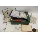 A BOX OF ASSORTED VINTAGE STAMPS AND POSTCARDS ETC